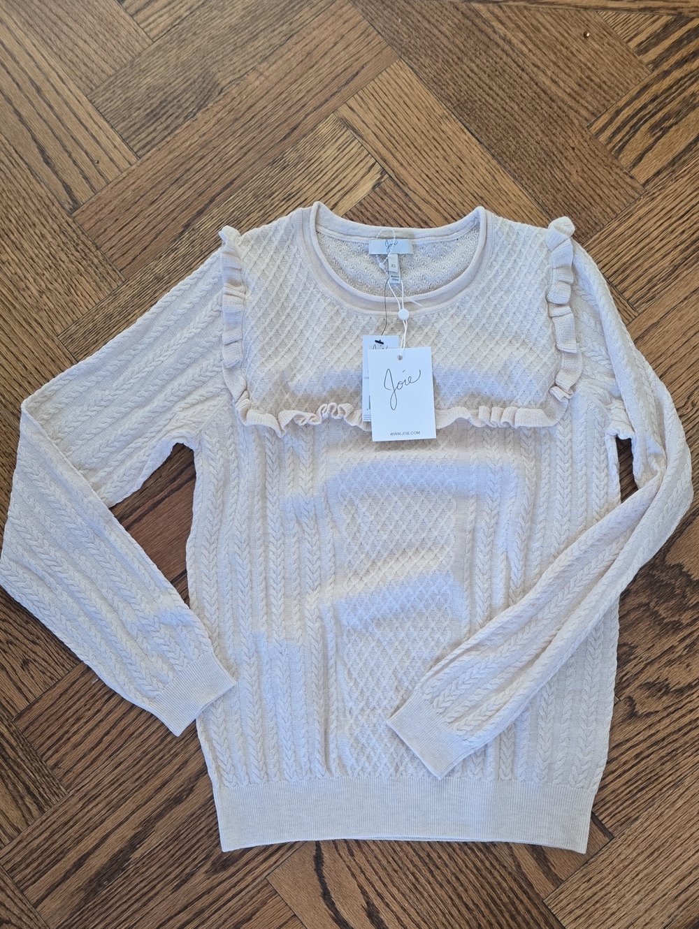 Joie Cream Ruffle Cable Knit Crewneck Sweater